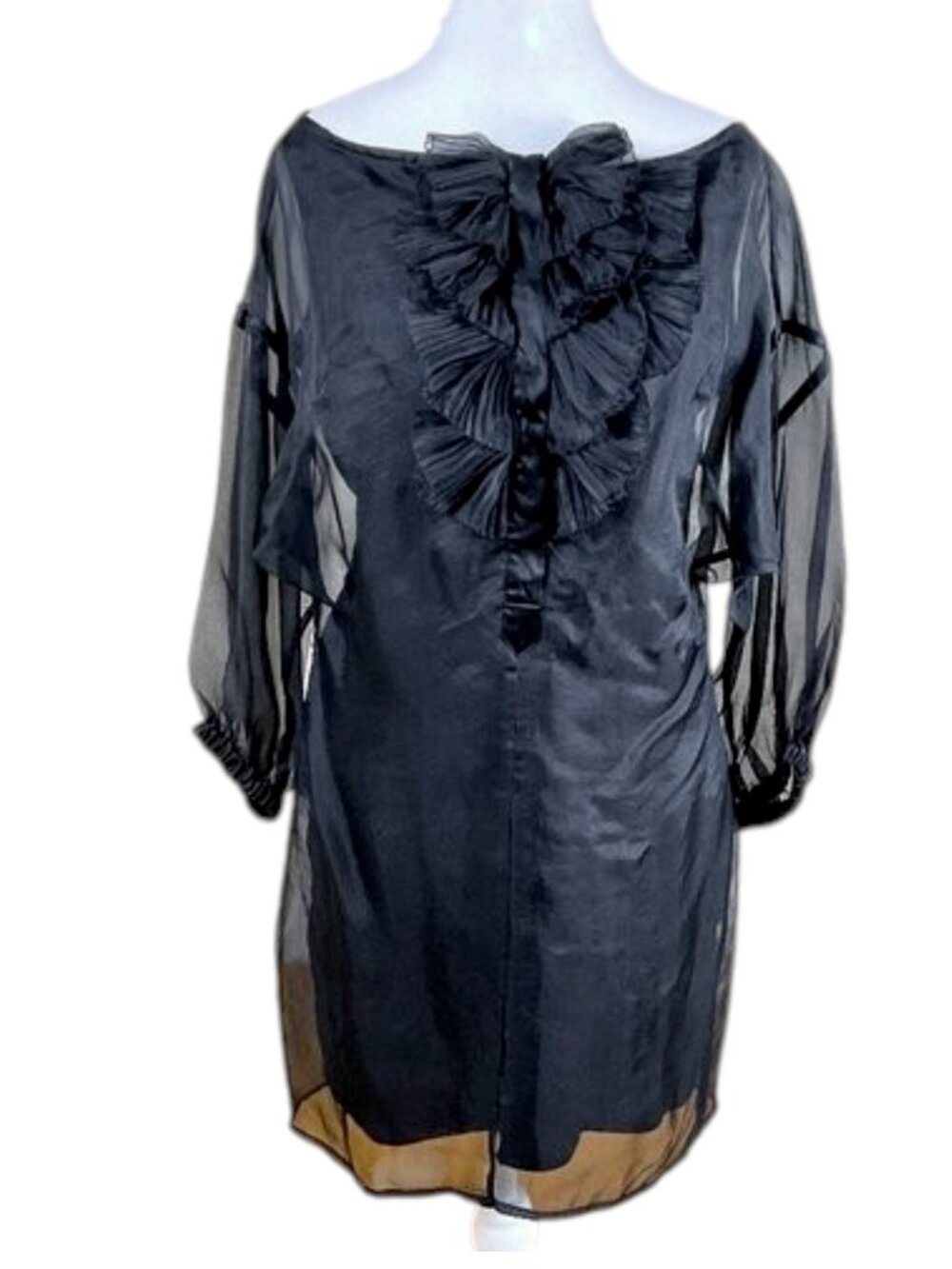 Bebe Dress Silk Black Cocktail Tuxedo Ruffle Front (M)